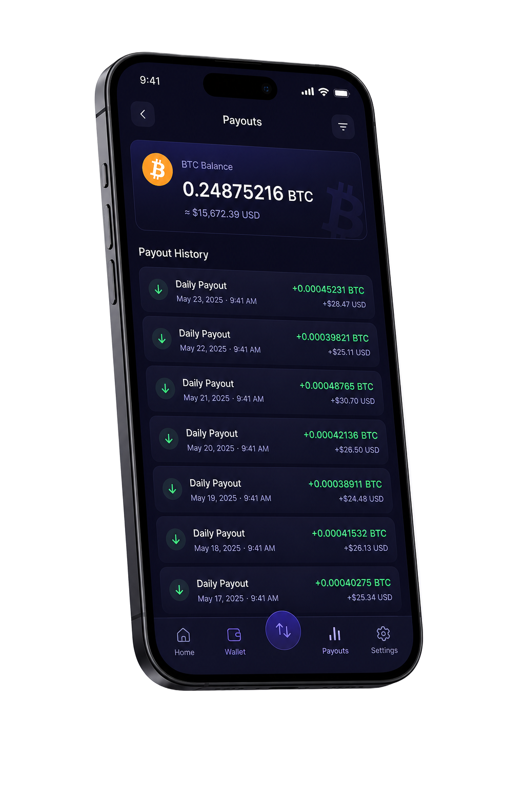 Daily Bitcoin payout history on a phone